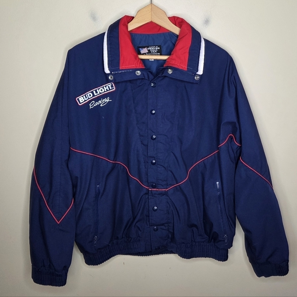 Vintage Bud Light Racing Navy Blue Red & White Jacket Size Large